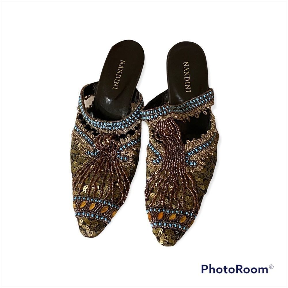 Nandini Pointed Beaded Mules with Kitten Heel